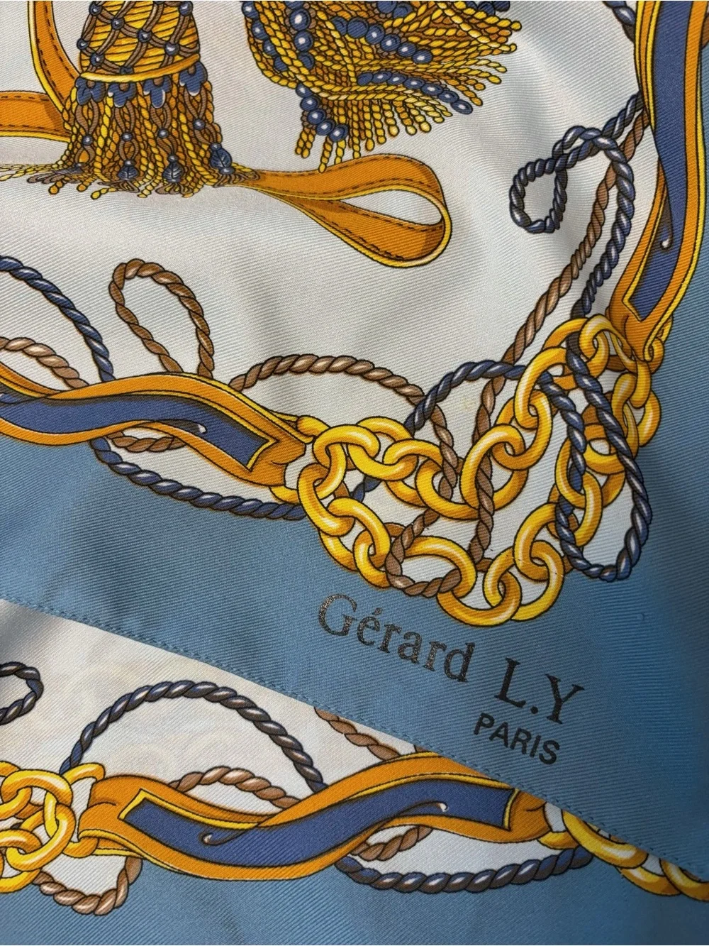 Vintage 90s Gérard L.Y. Paris Silk Scarf Blue Gold Tassel Chain 30x30